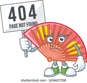 sad face mascot style of red chinese folding fan raised up a board