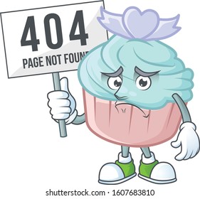 sad face mascot style of vanilla blue love cupcake raised up a board