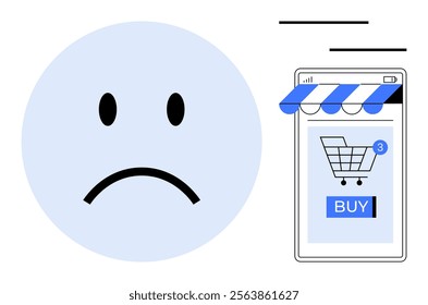 A sad face next to a smartphone displaying a shopping cart with notifications. Ideal for digital shopping, e-commerce challenges, online frustration, retail, customer satisfaction. Minimalist vector