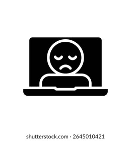 Sad Face on Laptop Screen Icon Glyph Style Silhouette Depressed Worker Mood on Computer Solid Black Symbol for Remote Stress Burnout and Mental Health