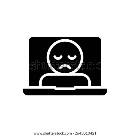 Sad Face on Laptop Screen Icon Glyph Style Silhouette Depressed Worker Mood on Computer Solid Black Symbol for Remote Stress Burnout and Mental Health