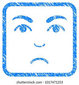 Sad Face rubber seal stamp watermark. Icon vector symbol with grunge design and corrosion texture in rounded squared frame. Scratched blue sign.