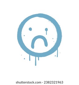 Sad face sign emoji in Spray paint urban graffiti style. Emoticon symbol vector illustration with drops and leaks