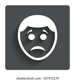 Sad face sign icon. Sadness depression chat symbol. Gray flat button with shadow. Modern UI website navigation. Vector