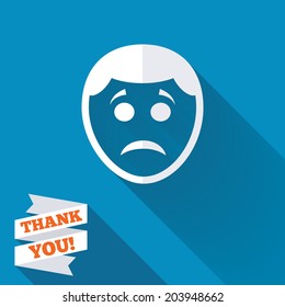 Sad face sign icon. Sadness depression chat symbol. White flat icon with long shadow. Paper ribbon label with Thank you text. Vector
