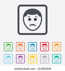 Sad face sign icon. Sadness depression chat symbol. Round squares buttons with frame. Vector