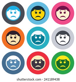 Sad face sign icon. Sadness depression chat symbol. Colored round buttons. Flat design circle icons set. Vector