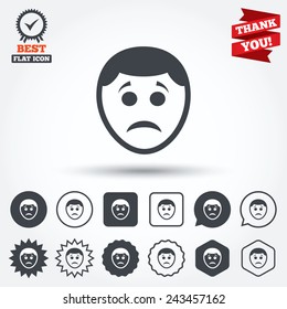 Sad face sign icon. Sadness depression chat symbol. Circle, star, speech bubble and square buttons. Award medal with check mark. Thank you ribbon. Vector