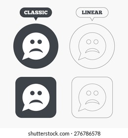 Sad face sign icon. Sadness depression chat symbol. Speech bubble. Classic and line web buttons. Circles and squares. Vector