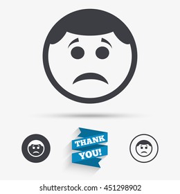Sad face sign icon. Sadness depression chat symbol. Flat icons. Buttons with icons. Thank you ribbon. Vector