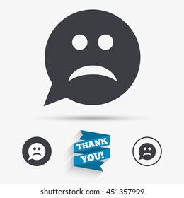 Sad Face Sign Icon. Sadness Depression Chat Symbol. Speech Bubble. Flat Icons. Buttons With Icons. Thank You Ribbon. Vector