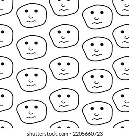 Sad Face Sketch Seamless Pattern, Emotions Black And White Simple Background, Hand Drawn Line Drawing