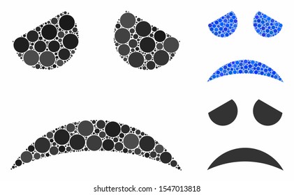 Sad face smiley mosaic of filled circles in different sizes and color tinges, based on sad face smiley icon. Vector filled circles are organized into blue collage.