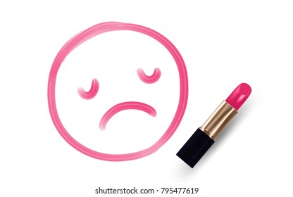 Sad face symbol write by Lipstick pink color isolated on white background, with copy space