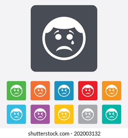 Sad face with tear sign icon. Crying chat symbol. Rounded squares 11 buttons. Vector