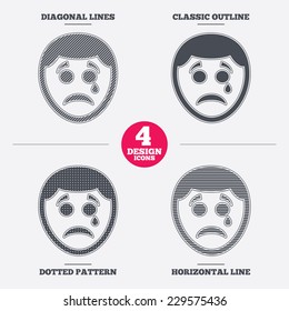 Sad face with tear sign icon. Crying chat symbol. Diagonal and horizontal lines, classic outline, dotted texture. Pattern design icons.  Vector