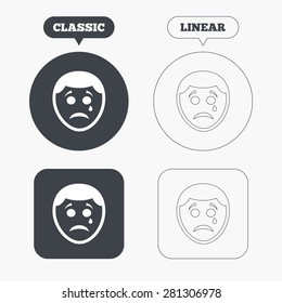 Sad face with tear sign icon. Crying chat symbol. Classic and line web buttons. Circles and squares. Vector