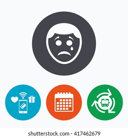 Sad face with tear sign icon. Crying chat symbol. Mobile payments, calendar and wifi icons. Bus shuttle.