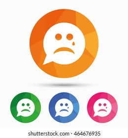 Sad face with tear sign icon. Crying chat symbol. Speech bubble. Triangular low poly button with flat icon. Vector