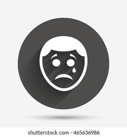 Sad face with tear sign icon. Crying chat symbol. Circle flat button with shadow. Vector