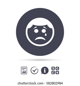 Sad face with tear sign icon. Crying chat symbol. Report document, information and check tick icons. Currency exchange. Vector