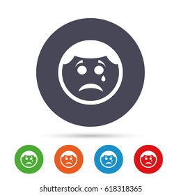 Sad face with tear sign icon. Crying chat symbol. Round colourful buttons with flat icons. Vector