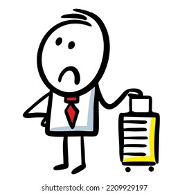 Sad face traveller with bag on wheels lookng foward. Vector illustration of unhappy stickman in costume and red tie.