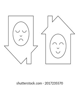 A sad face in an upside-down house. A happy face in the house. A shadow. Psychological problems before and after working with a psychologist. Internal fears, depression. Mental problems and health.