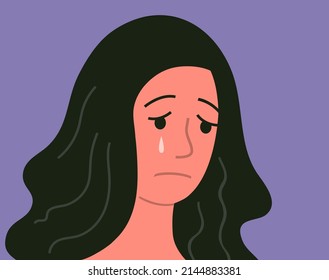 Sad face of a young woman. Unhappy face. Tear from eyes. Adult character. Flat vector illustration