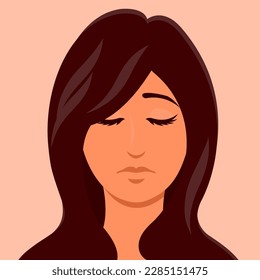 Sad face of a young woman. Unhappy girl. Head portrait. Female emotion, mood and frustration. Cartoon vector illustration