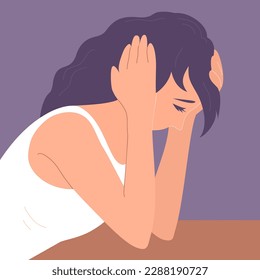 Sad face of a young woman. Unhappy girl. Depression, grief, fatigue. Tear from eyes. Adult character. Flat vector illustration