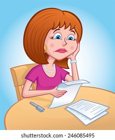 Sad Faced Woman Looking Over Papers