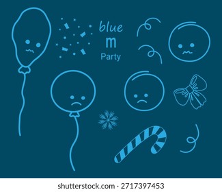 Traurige Gesichter und Ballons mit Ferienattributen und blauen M Party Lettering Icons und Elemente Big Set. Isolierte Vektorgrafik Aufkleber Print Materialien Promo Banner, Broschüren, Social-Media-Inhalte