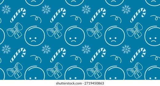 Rostos tristes, bengala doce, laço de fita de nó e floco de neve Padrão sem emenda no fundo escuro Banner Format. Vetor Blue Monday ou Motivation Cards Background Party convide, banner, folheto, postagem de mídia social