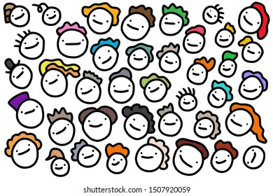 Sad faces hand drawn vector illustration in cartoon comic style different hair crowd of people