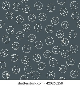 Sad faces seamless pattern, doodle. Negative emotions doodle faces. Doodle sad and angry smiles. Different negative emoticons. Hand drawn doodle seamless pattern, sad faces, negative emotions. Chalk.