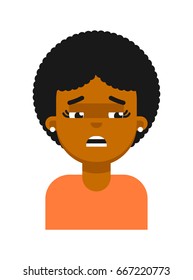 Sad facial expression of black girl avatar. Young african woman face, people emoticon icon, emoji vector illustrations isolated on white background.