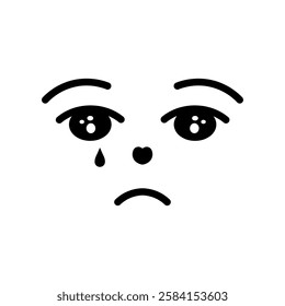 Sad facial expression. Crying face with melancholy emotions. Tears dripping from eyes, frowning eyebrows. Sketch. Vector illustration. Outline on isolated white background. Doodle style. 