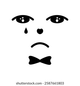 Sad facial expression. Crying face with melancholy emotions. Tears dripping from eyes, bow tie. Sketch. Vector illustration. Outline on isolated white background. Doodle style. Offended grimace. 