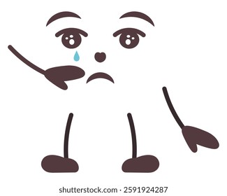 Sad facial expression. Crying face with sad emotions, tears dripping from eyes, wiping tears with hand. Color vector illustration. Isolated white background. Cartoon style. Offended grimace.