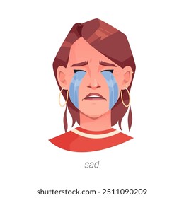 Sad facial expression of girl, crying woman. Vector isolated flat cartoon character, upset lady with river of tears. Sadness and frustration, female personage with closed eyes teardrops