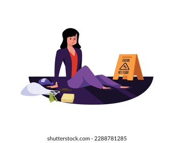 Sad fallen woman sitting on floor flat style, vector illustration isolated on white background. Orange triangular wet floor caution sign, purchases fell out of package, design element