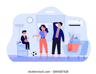 Sad family calling plumber to fix broken pipes isolated flat vector illustration. Cartoon couple standing in water. Flooded house and emergency concept