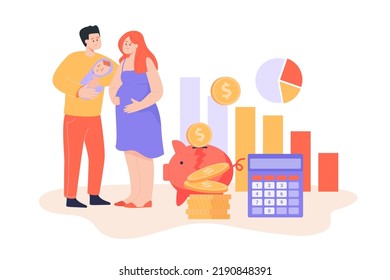 Sad Family With Child Having Financial Difficulties. Husband And Pregnant Wife Standing Near Broken Piggy Bank Flat Vector Illustration. Low Income Family, Problem, Finance, Money Concept