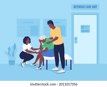 Sad Family In Hospital Flat Color Vector Illustration. Teenagers Comfort Grandma. Getting Emotional Support From Family Members 2D Cartoon Characters With Intensive Therapy Unit On Background