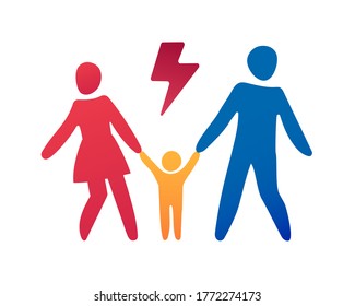 Sad family icon multicolored in simple figures. The family is getting divorced. Parents go in different directions and pull a small child with them. 