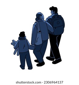 Triste familia que se va, se va juntos. Padres y niños refugiados saliendo. Madre, padre e hijo en problemas, dificultades, crisis. Ilustración vectorial gráfica plana aislada en fondo blanco