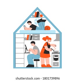 Sad family living in a tiny house flat hand-drawn illustration. Real estate interior with parents, teenager and cat. Small and compact home concept. Vector design for web banner, card, advert, poster.