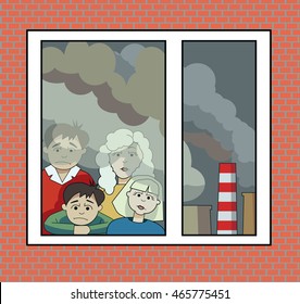 sad family looking out the window, seen in the reflection of the pipe and the smoke of factories