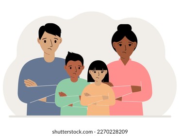 Una familia triste de mamá papá y dos hijos. Concepto de problemas familiares, ayuda psicológica o conflicto. Ilustración plana del vector